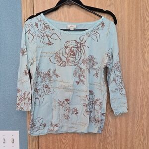 J. Jill Light Blue Floral Script Long Sleeve Top